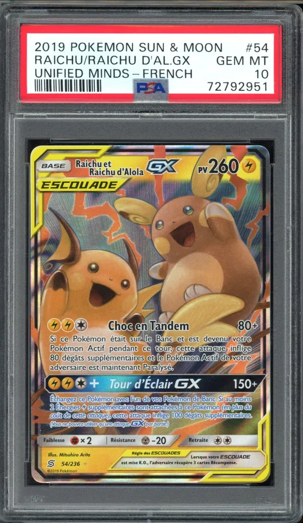 PSA 10 Raichu et Raichu d'Alola Gx