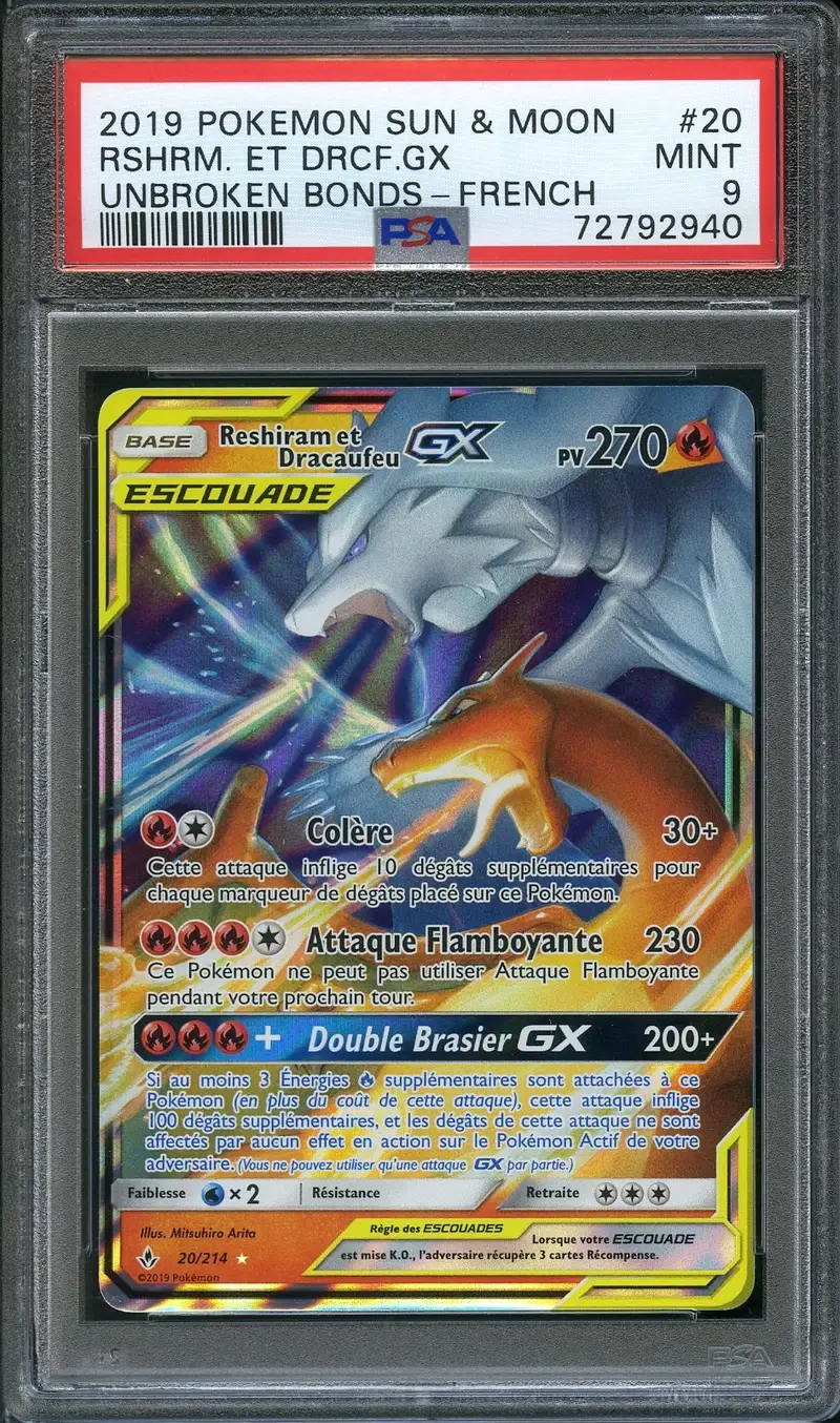 PSA 9 Reshiram et Dracaufeu Gx