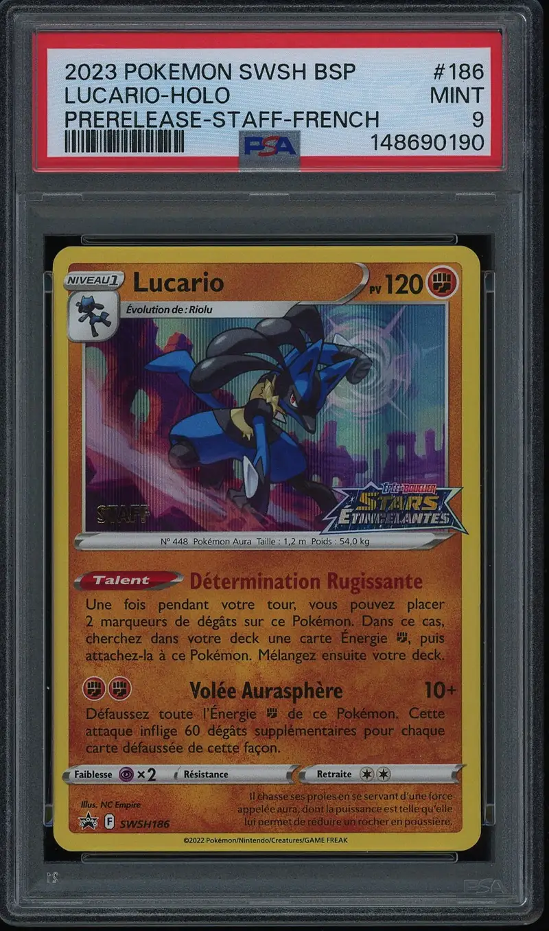 PSA 9 Lucario Holo Prerelease Staff