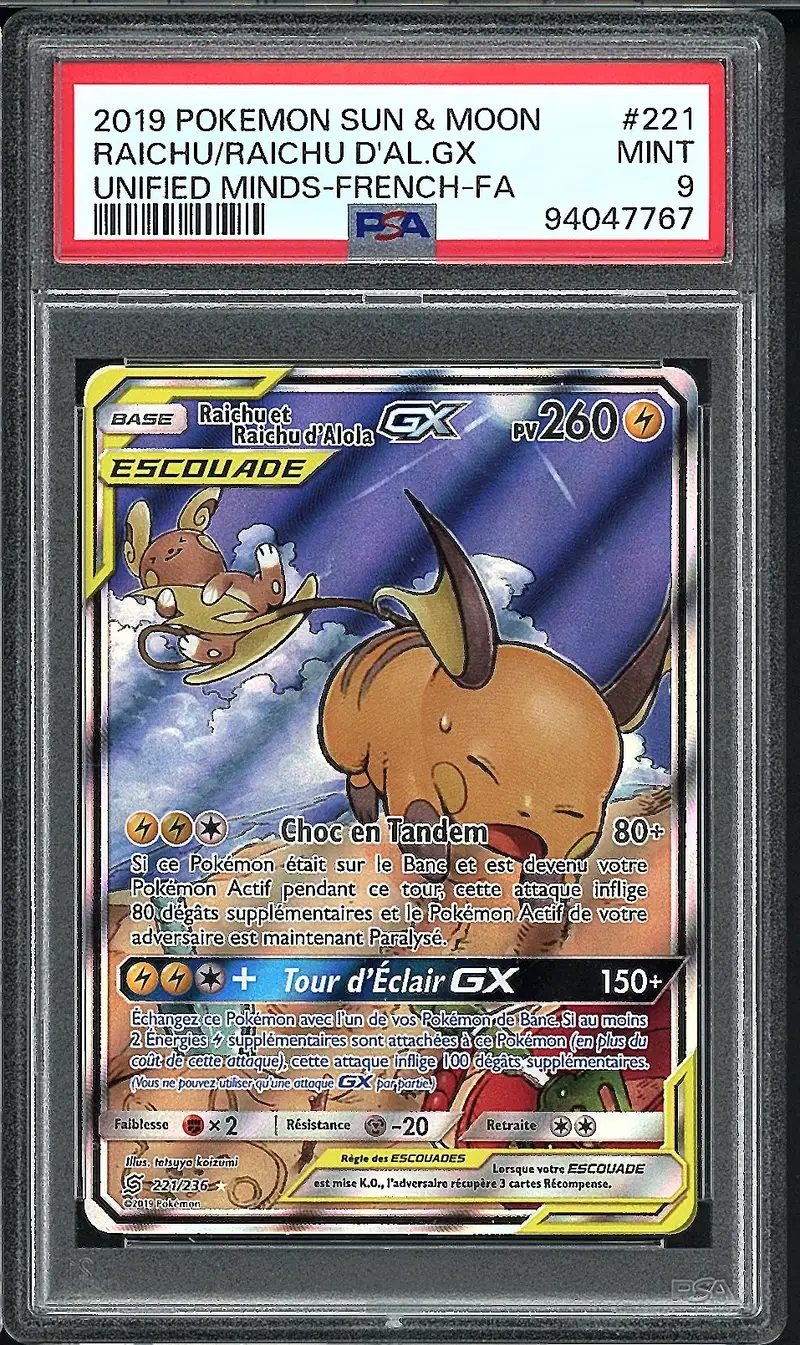 PSA 9 Raichu et Raichu d'Alola Gx