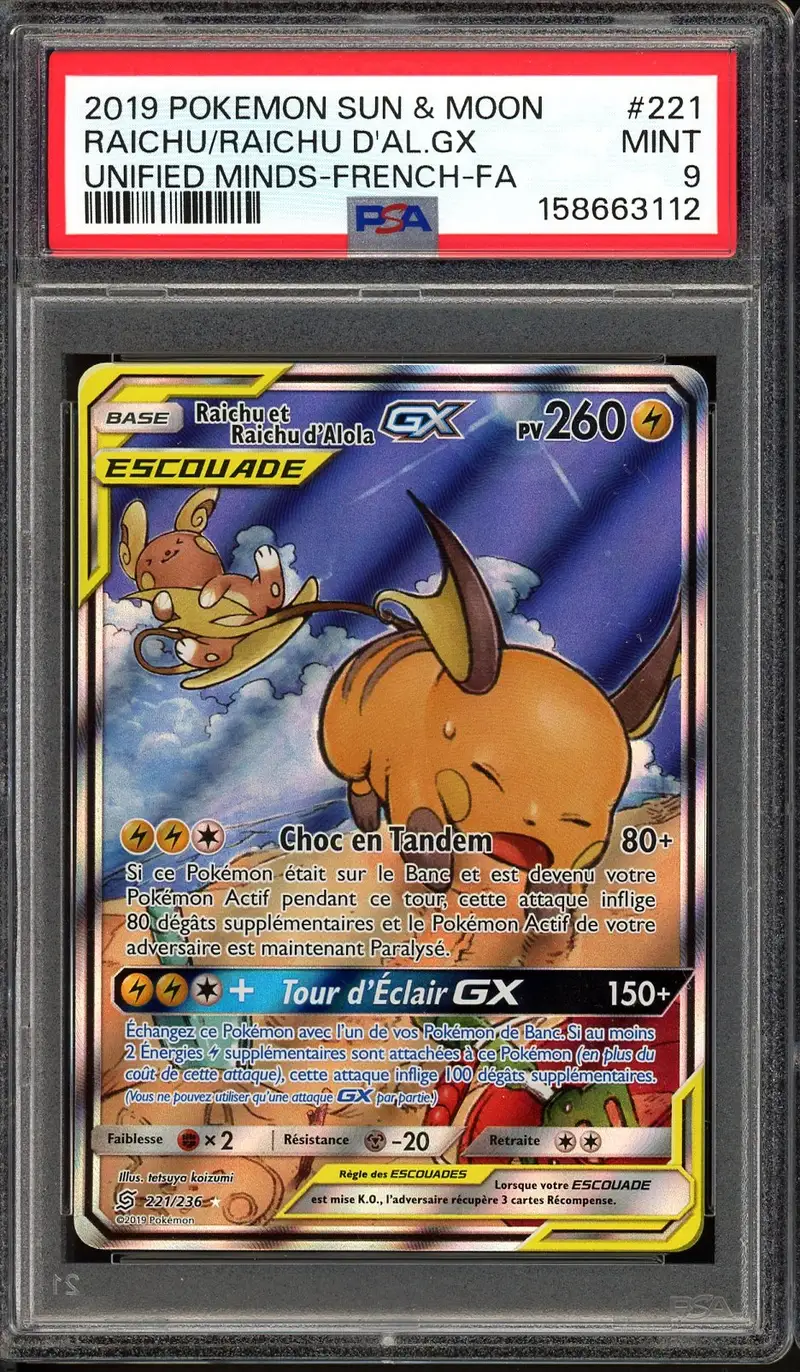 PSA 9 Raichu et Raichu d'Alola Gx