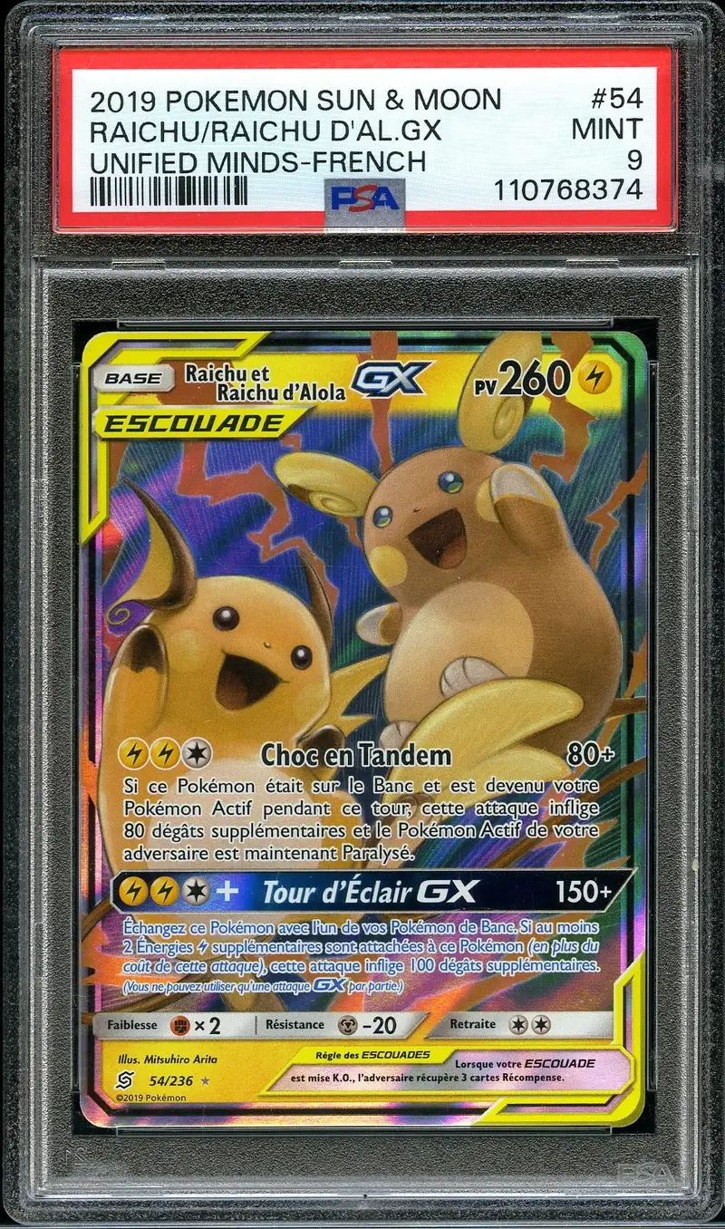 PSA 9 Raichu et Raichu d'Alola Gx