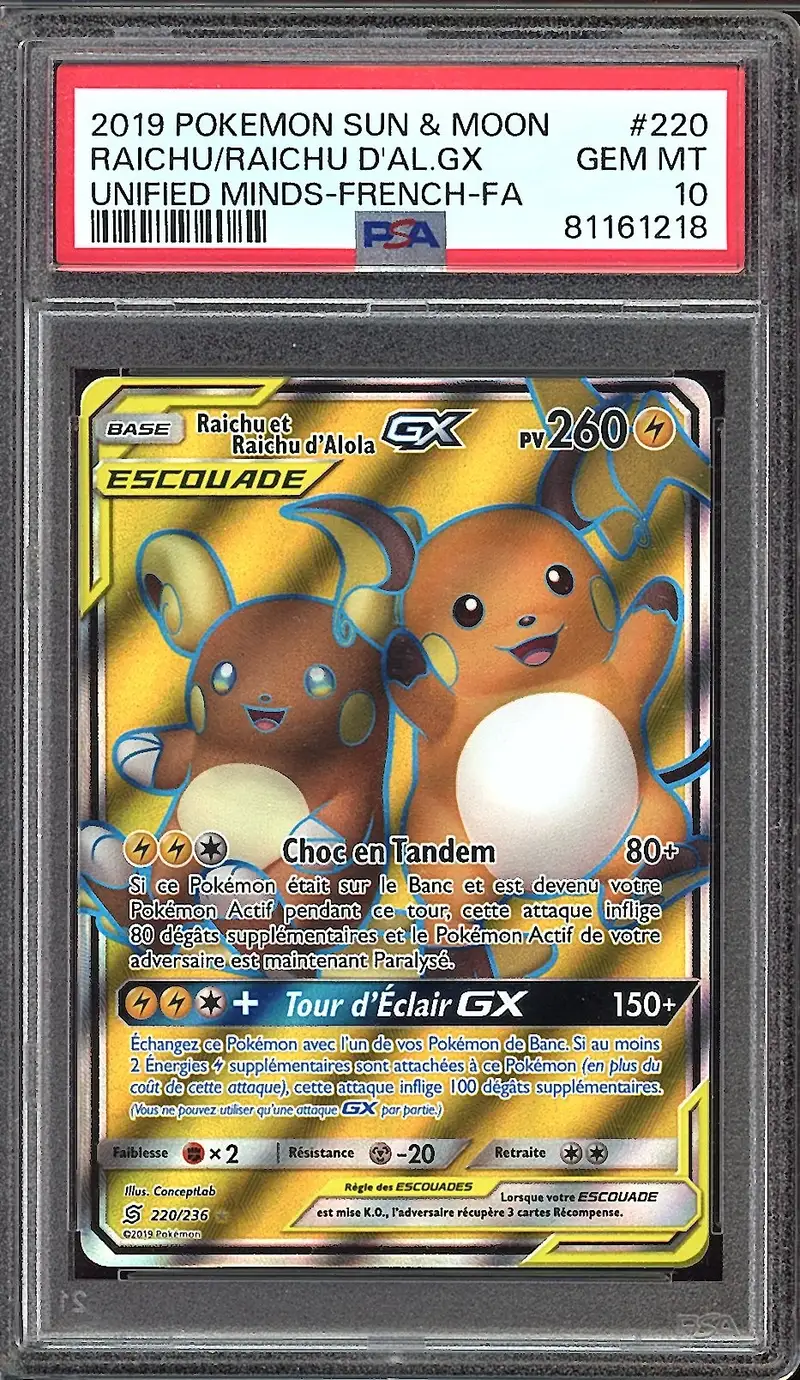 PSA 10 Raichu et Raichu d'Alola Gx