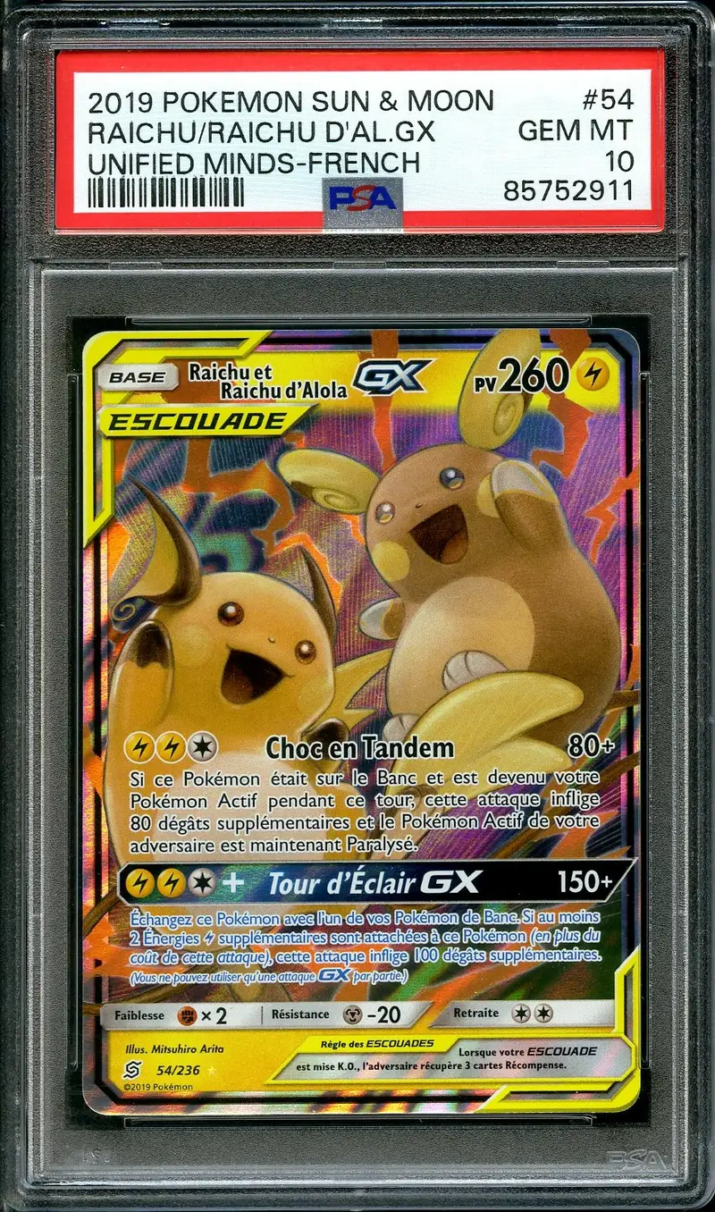 PSA 10 Raichu et Raichu d'Alola Gx