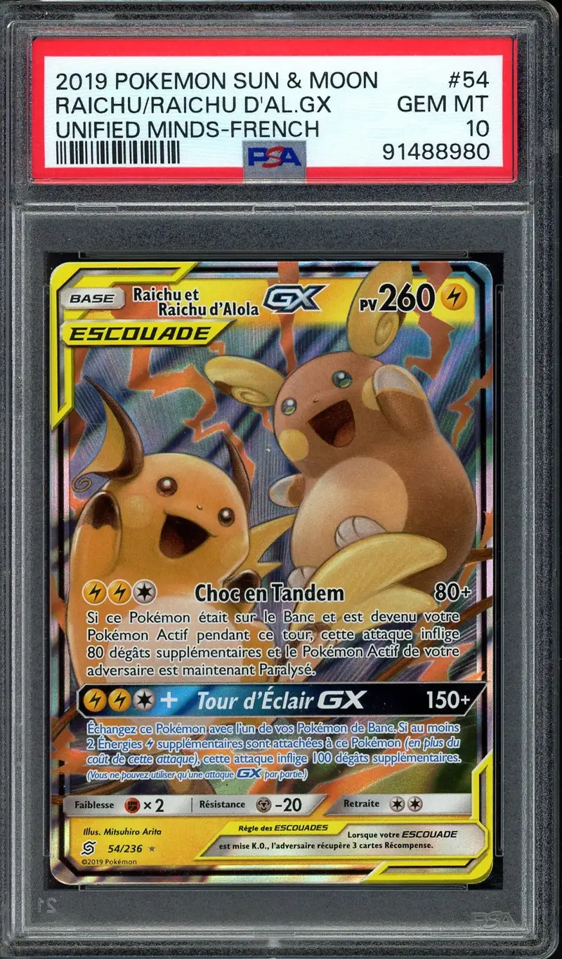 PSA 10 Raichu et Raichu d'Alola Gx