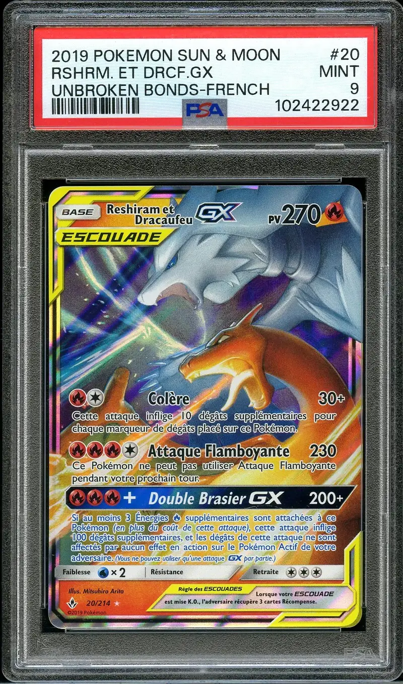 PSA 9 Reshiram et Dracaufeu Gx