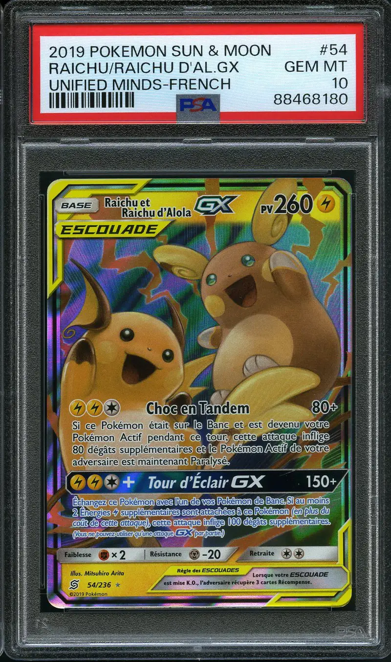 PSA 10 Raichu et Raichu d'Alola Gx