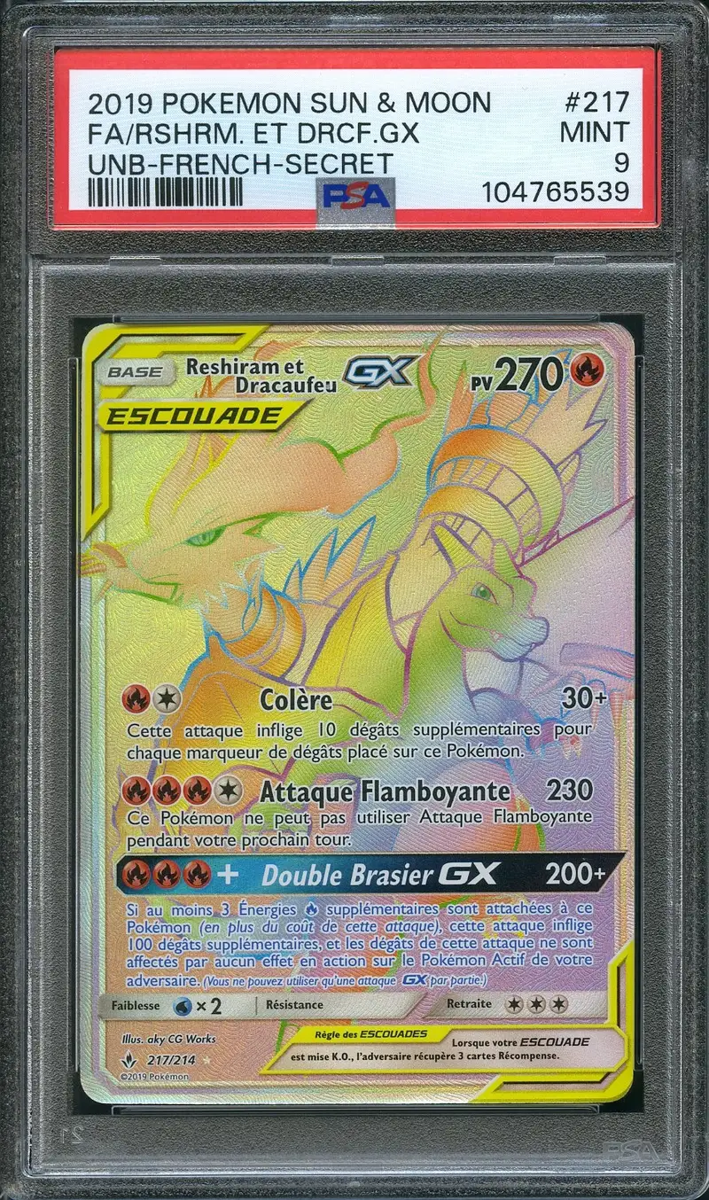 PSA 9 Reshiram et Dracaufeu Gx Rainbow