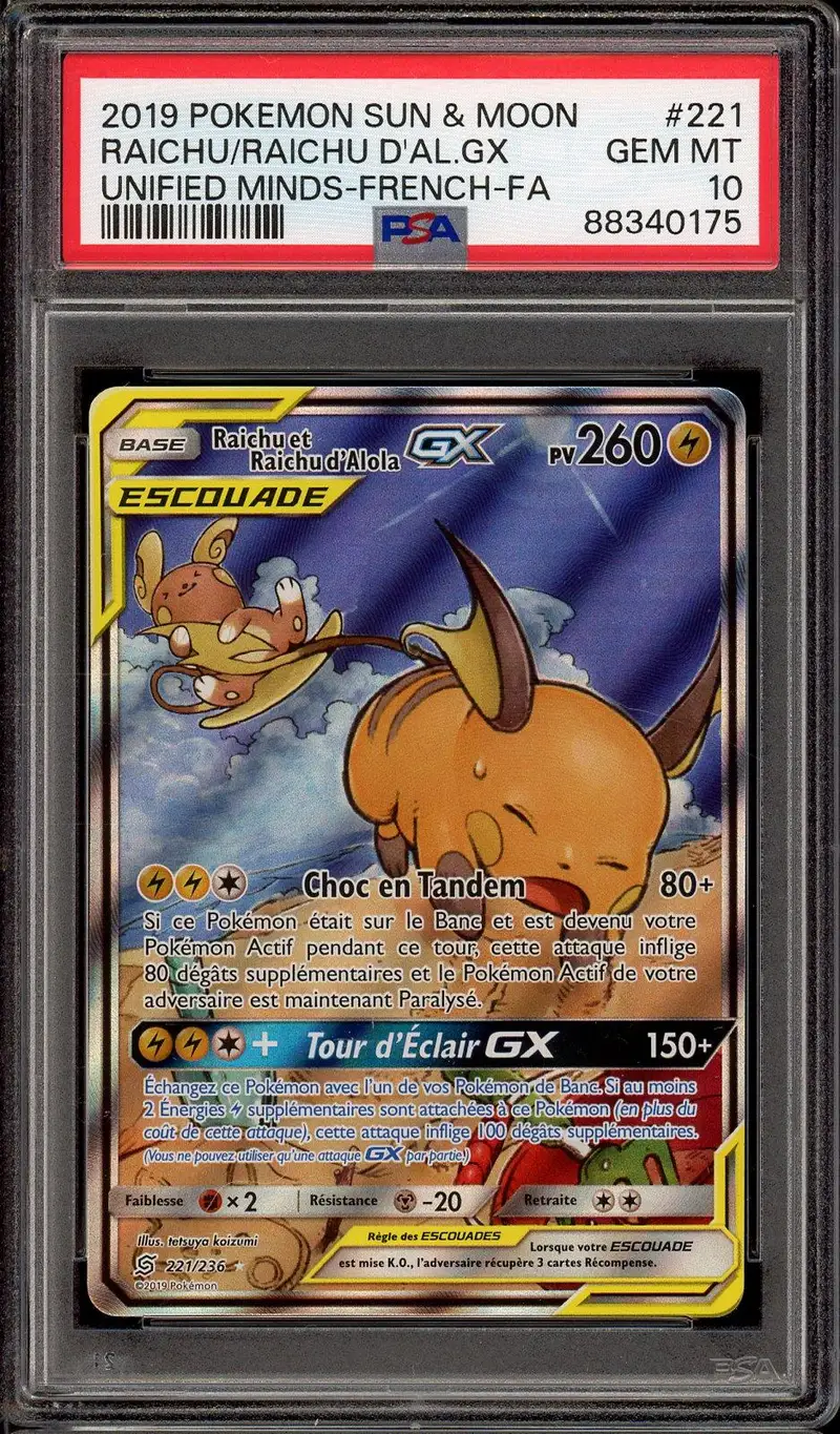 PSA 10 Raichu et Raichu d'Alola Gx