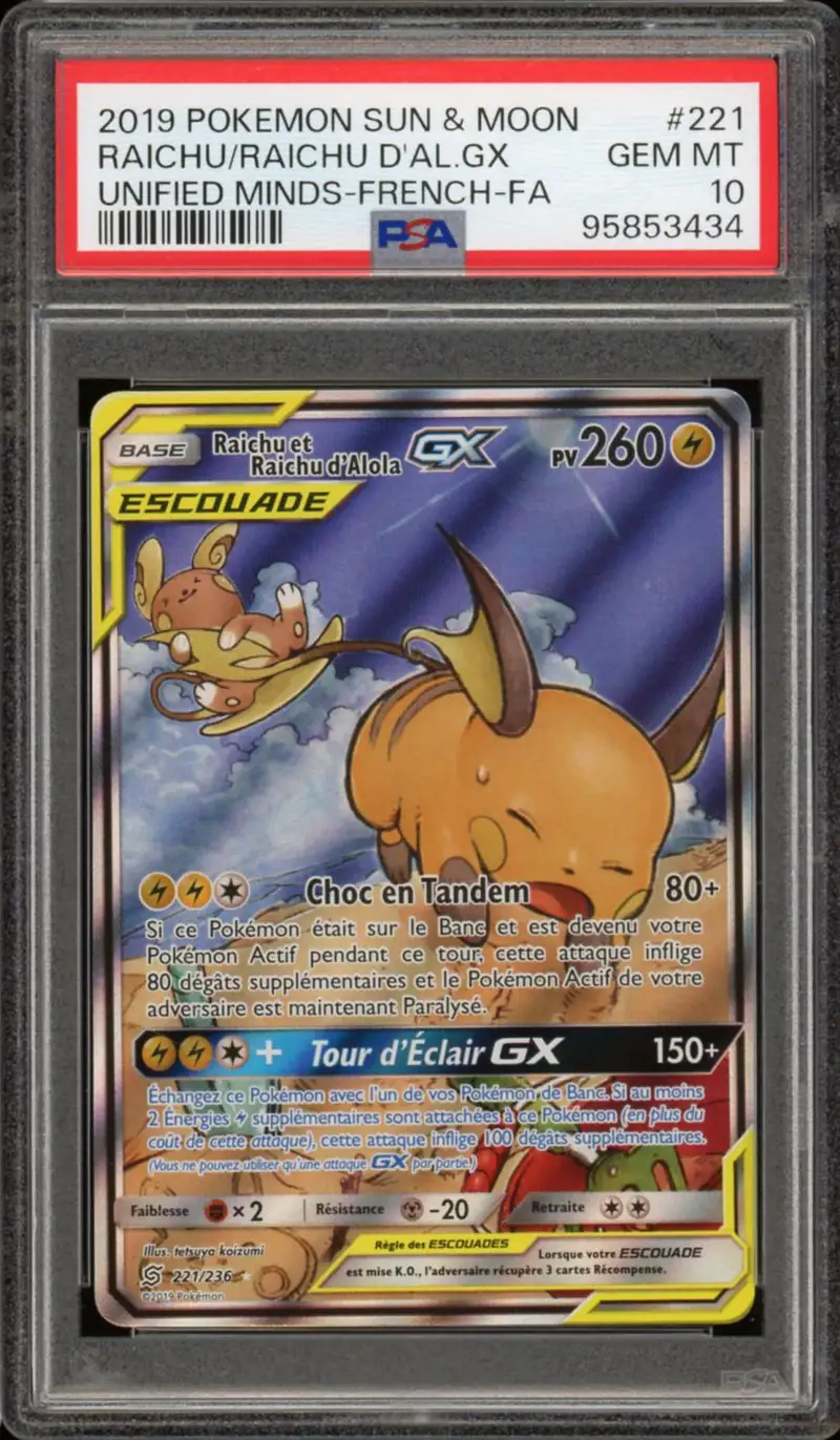 PSA 10 Raichu et Raichu d'Alola Gx