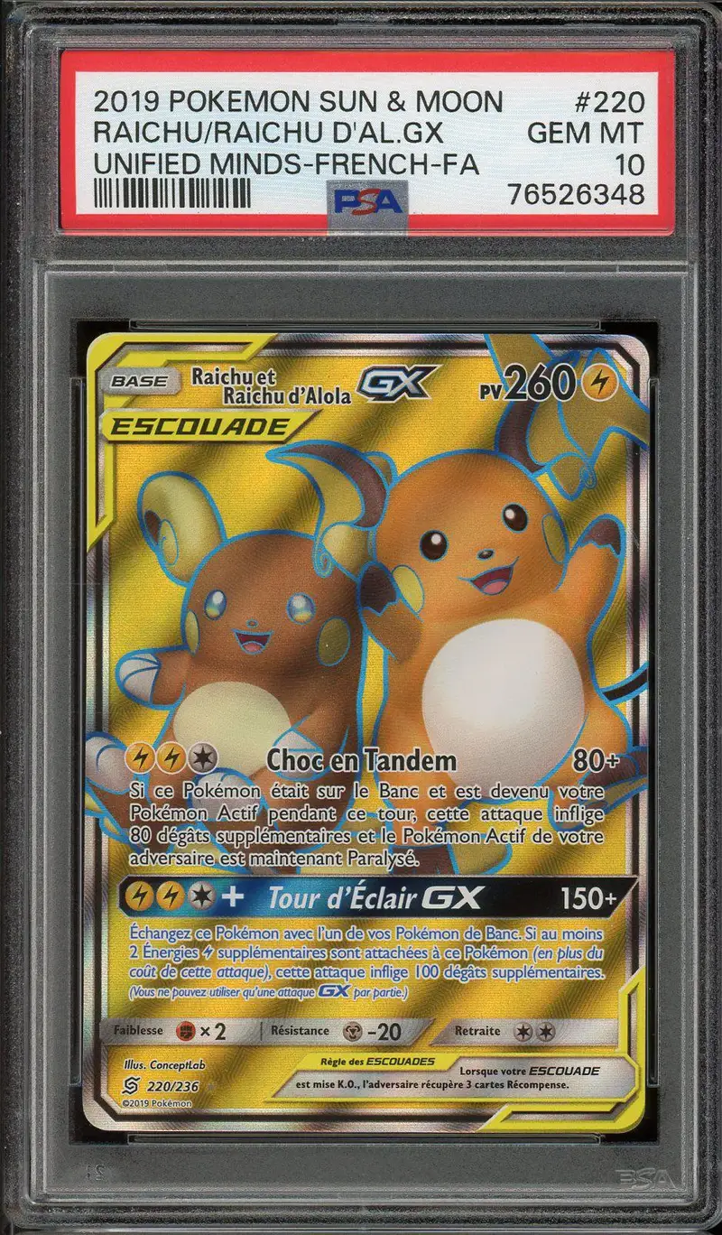 PSA 10 Raichu et Raichu d'Alola Gx