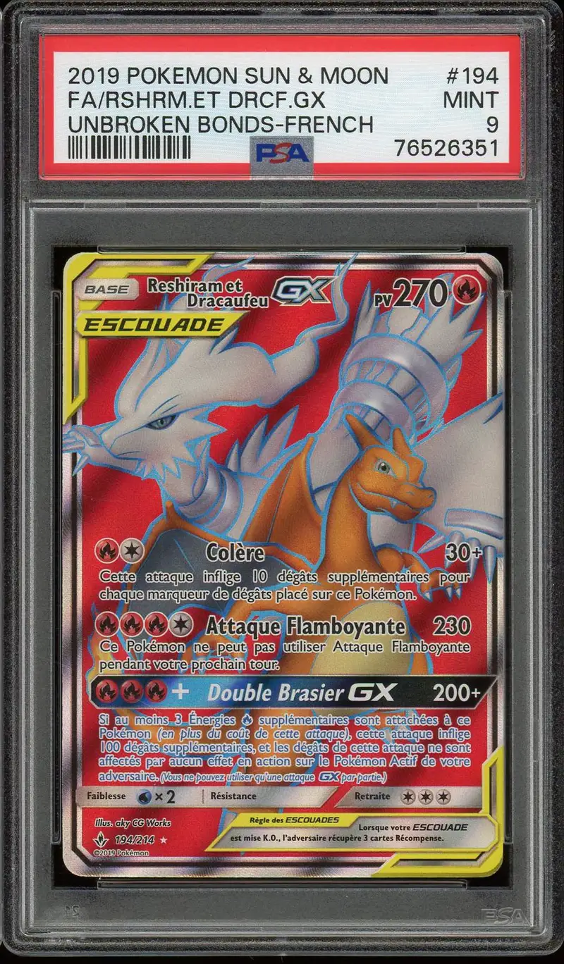 PSA 9 Reshiram et Dracaufeu Gx