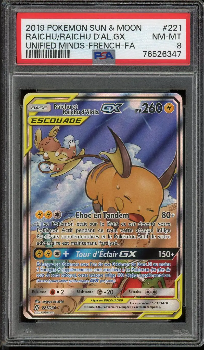 PSA 8 Raichu et Raichu d'Alola Gx
