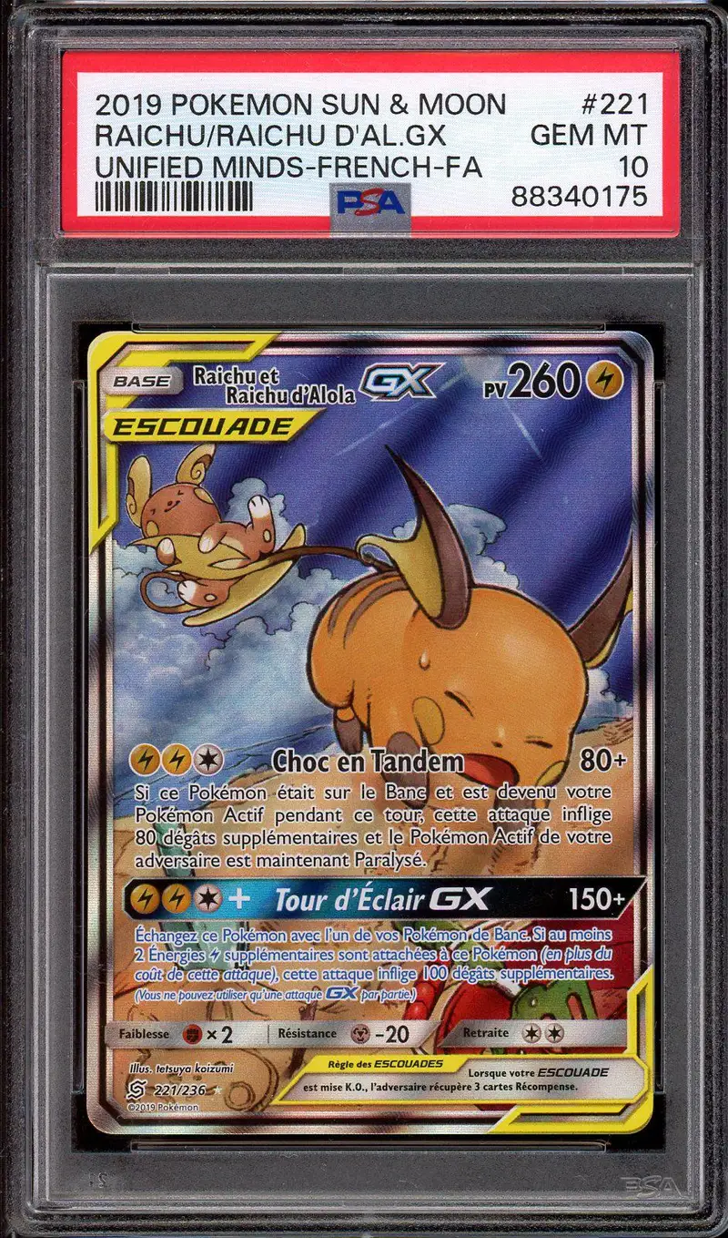 PSA 10 Raichu et Raichu d'Alola Gx