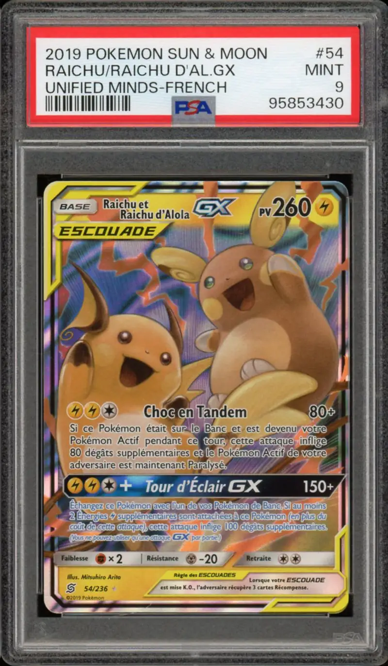 PSA 9 Raichu et Raichu d'Alola Gx
