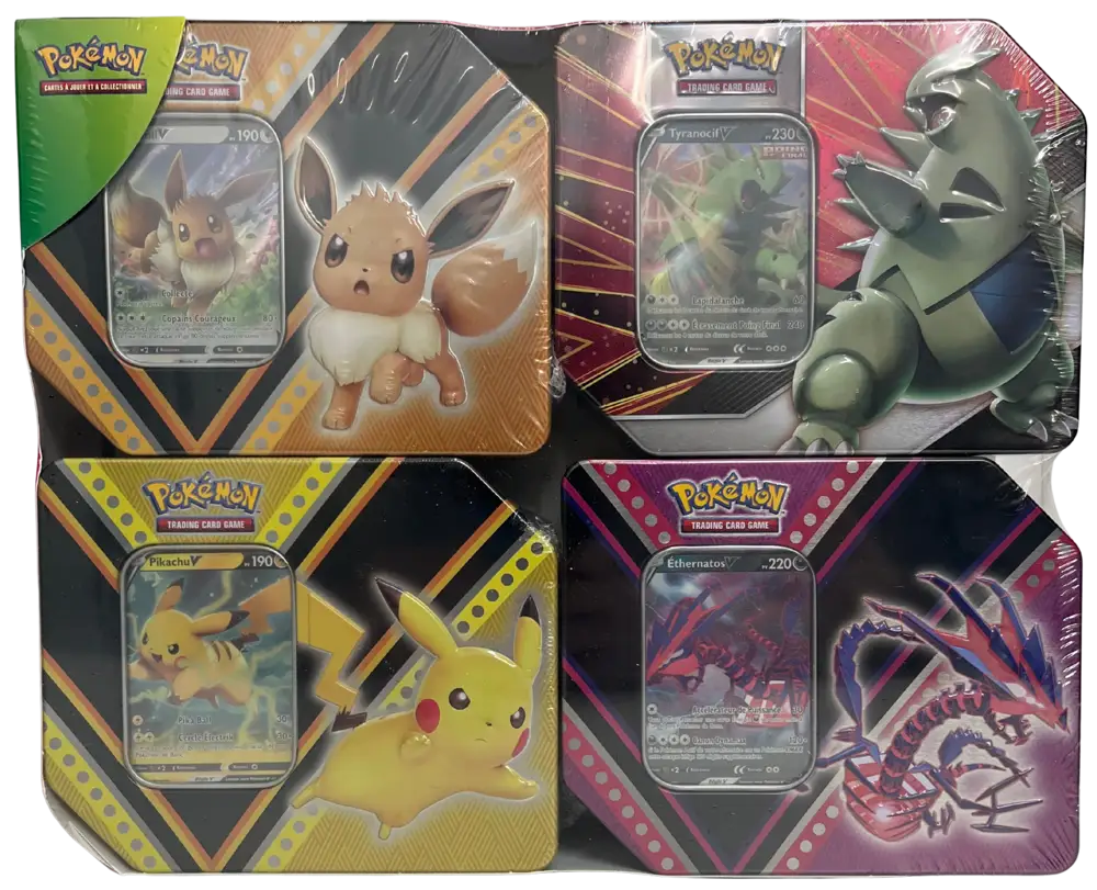 Ensemble de 4 Pokébox E&B Evoli, Tyranocif, Pikachu et Ethernatos V