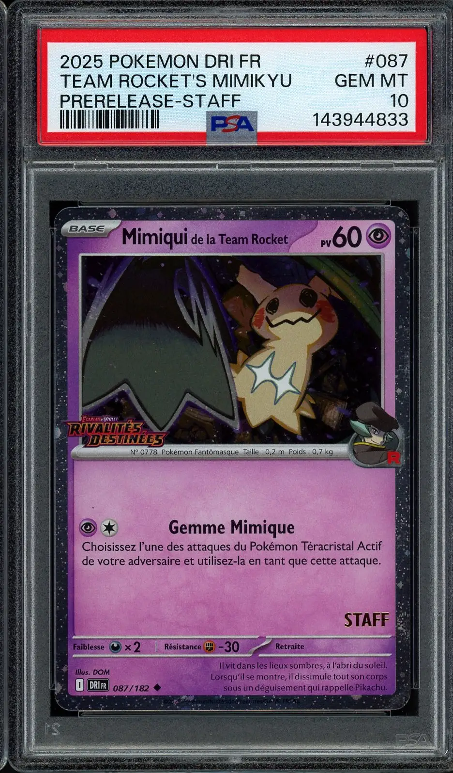 PSA 10 Mimiqui de la Team Rocket Prerelease Staff
