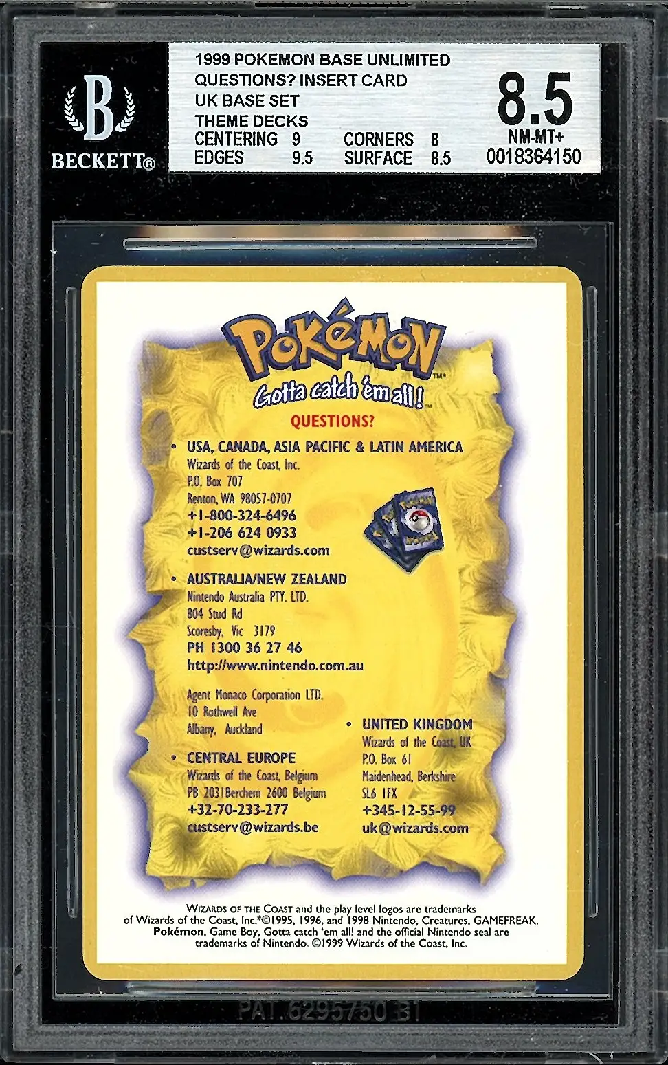 BGS 8.5 Pokemon Base Unlimited Questions? Insert Card UK Base Set