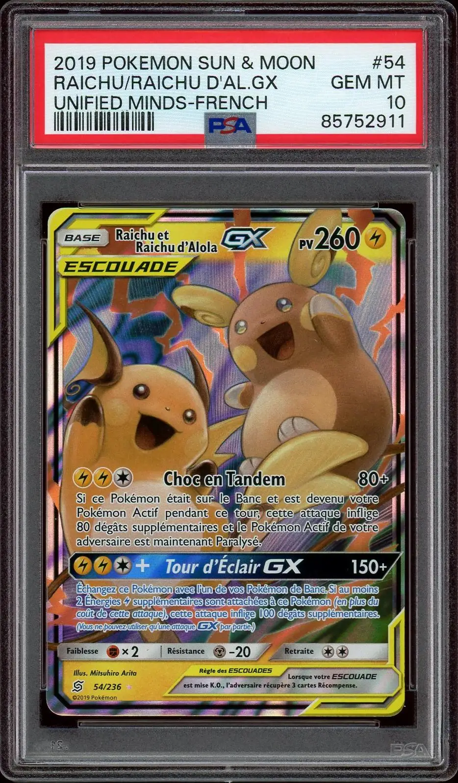 PSA 10 Raichu et Raichu d'Alola Gx